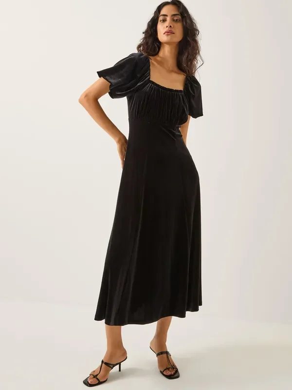 Monsoon Black Cynthia Puff Sleeve Velvet Midi Dress