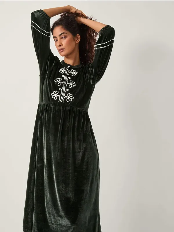 Monsoon Black Venus Embroidered Velvet Midi Dress
