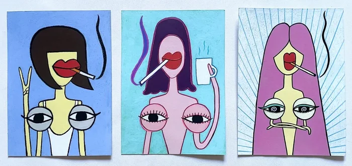 “My Tits” smoking set (2025) Pastel drawing by Ann Zhuleva