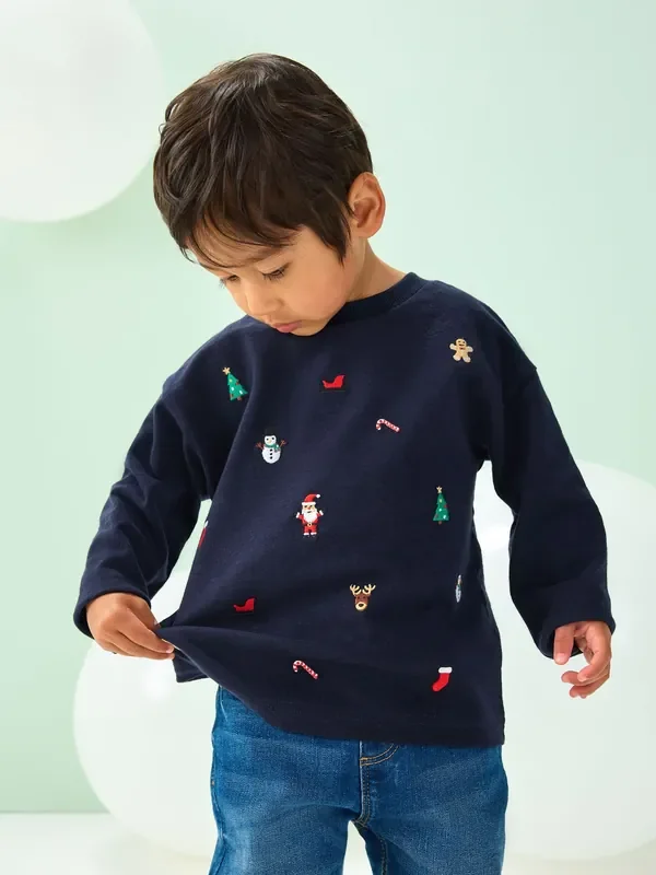 Navy All-Over Embroidered Christmas Long Sleeve T-Shirt (3mths-8yrs)
