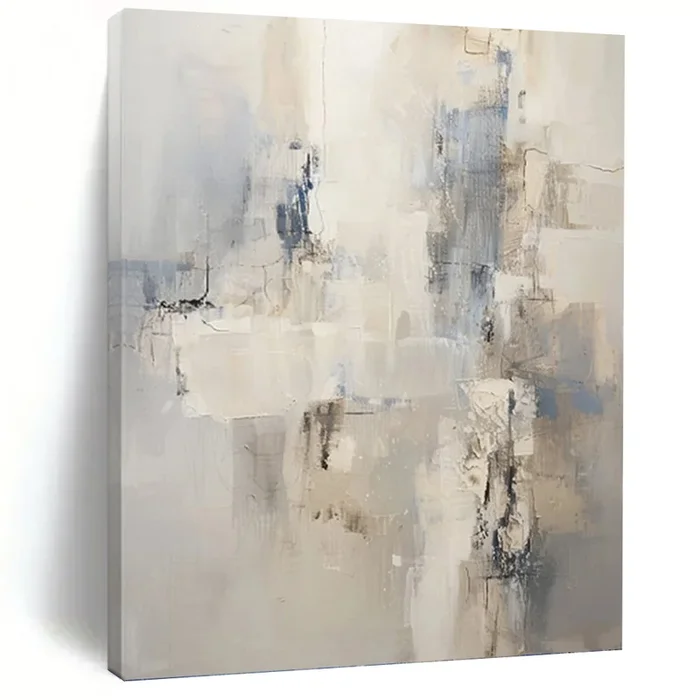 “Neutral Abstract with Blue Accents” – Beige, Grey, Blue Abstract Art on Canvas DKH1249