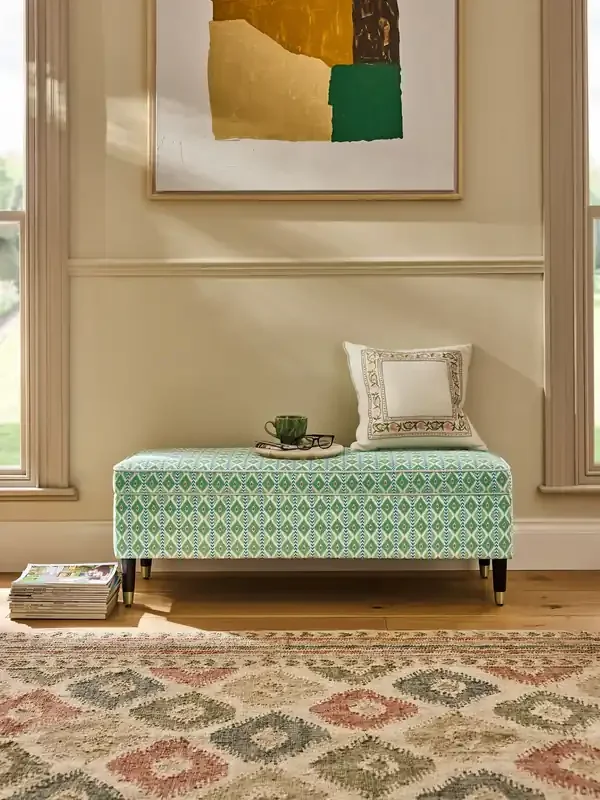 Nina Campbell Green Ikat Diamonds Rosebury Storage Ottoman Bench