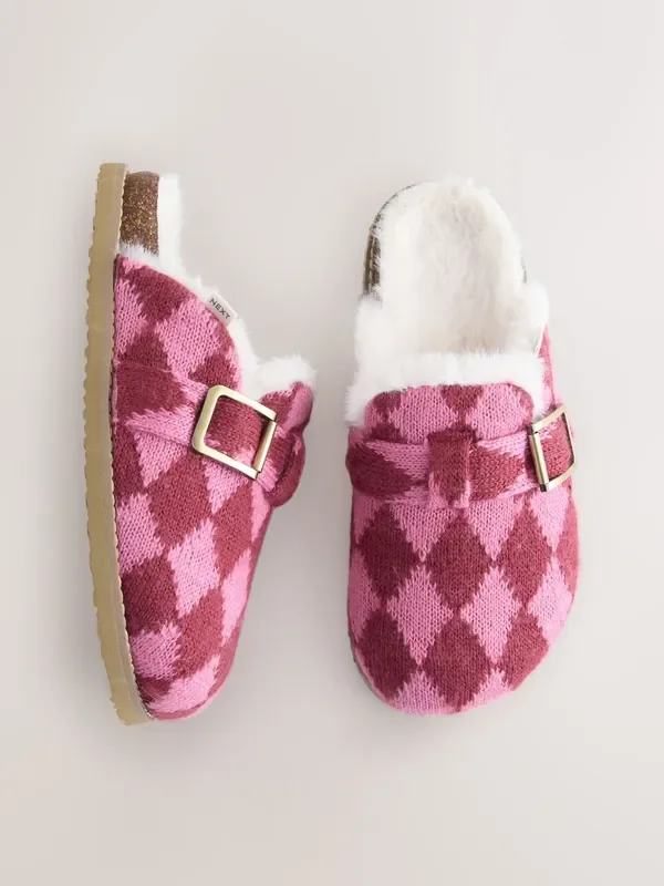 Pink Argyle Footbed Buckle Slippers