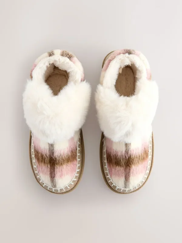 Pink Check Faux Fur Brush Boot Slippers