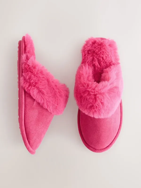 Pink Faux Fur Suede Mule Slippers