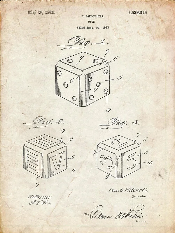 Pp781-vintage Parchment Dice 1923 Patent Poster