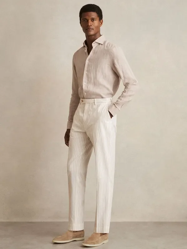 Reiss Off White/Taupe Brown Easton Regular-Fit Cotton-Blend Pinstripe Trousers