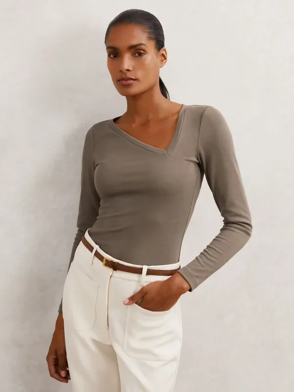 Reiss Taupe Neutral Felicity Stretch-Cotton Asymmetric-Neck Top