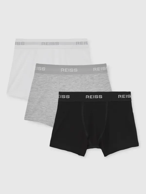 Reiss White/Grey/Black Heller 3-9 yrs Stretch-Cotton Logo-Waistband Boxer Shorts 3 Pack