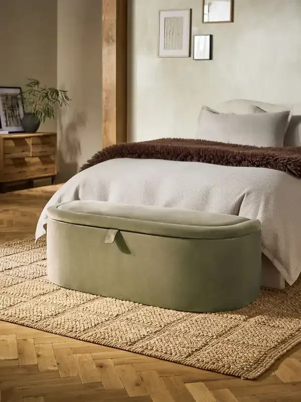 Relaxed Chenille Light Olive Green Kali Storage Ottoman Bench