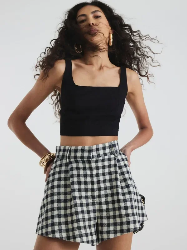 River Island Black Gingham Flared Shorts