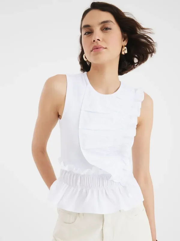 River Island White Poplin Mix Frill Top