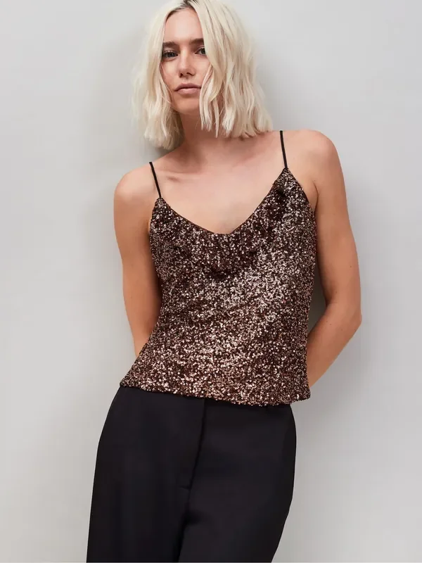Ro&Zo Brown Ruffle Neckline Sequin Camisole
