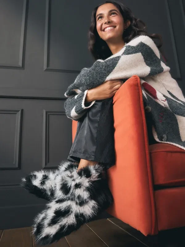Rockett St George Black/White Fur Boot Slippers