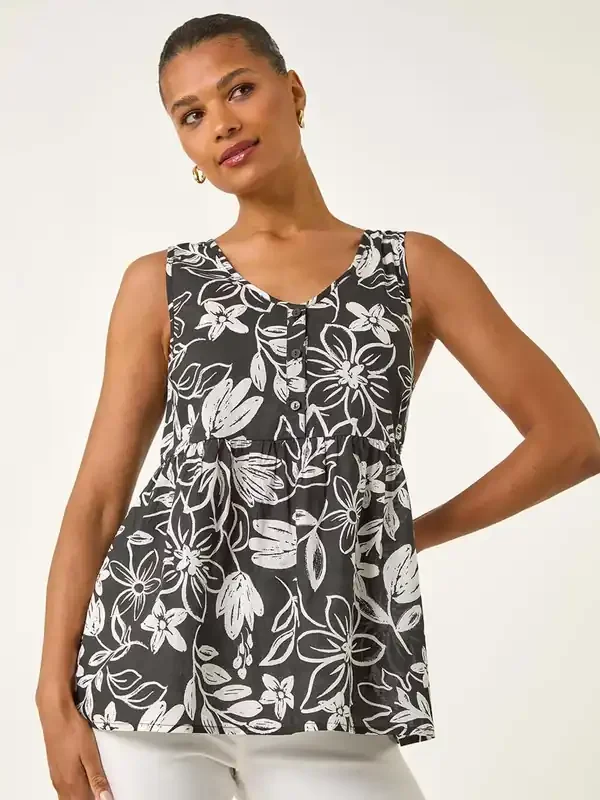 Roman Black Floral V-Neck Buttoned Top