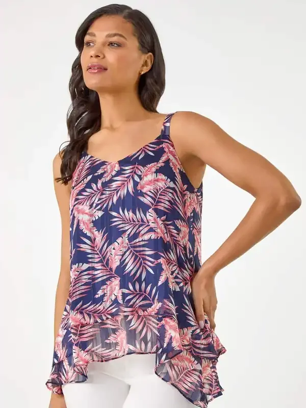 Roman Blue Metallic Leaf Layered Camisole Top