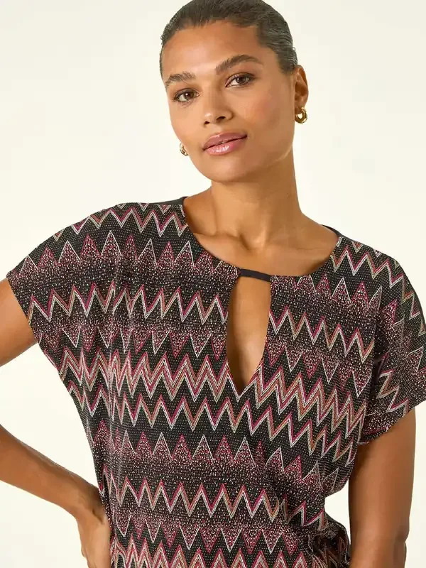 Roman Brown Zig Zag Print Bubble Hem Top