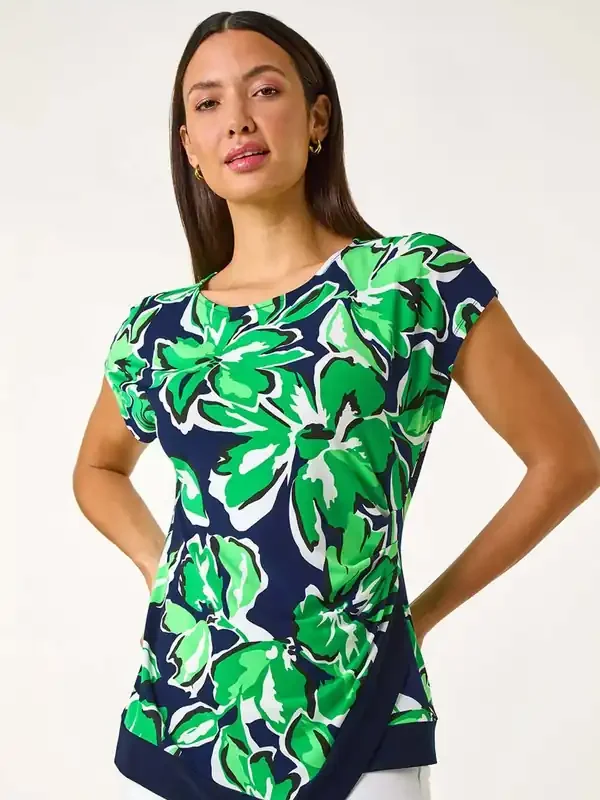 Roman Green Floral Print Asymmetric Hem Top