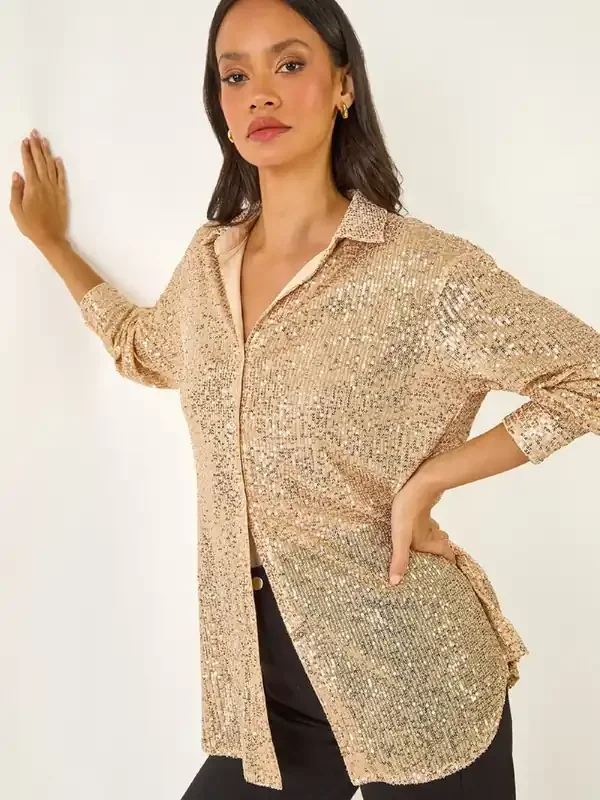 Roman Metallic Sequin Button Through Stretch Shirt