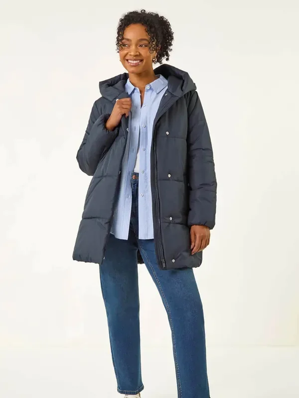 Roman Navy Petite Hooded Quilted Puffer Coat
