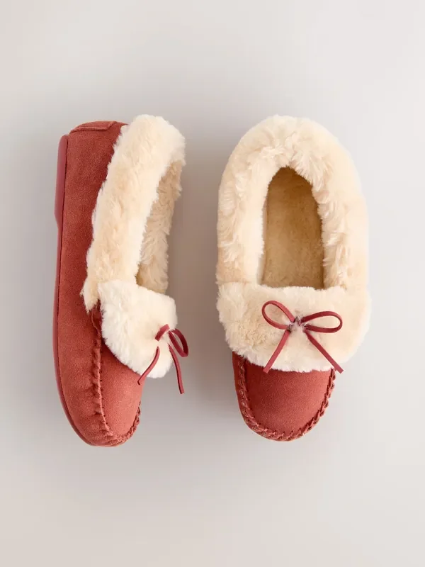 Rust Red Moccasin Faux Fur Suede Slippers