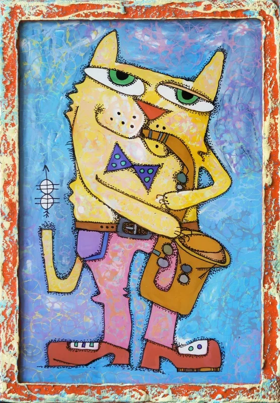 Сat with saxophone #2 (2019) Acrylic painting by Nikita Ostapenco