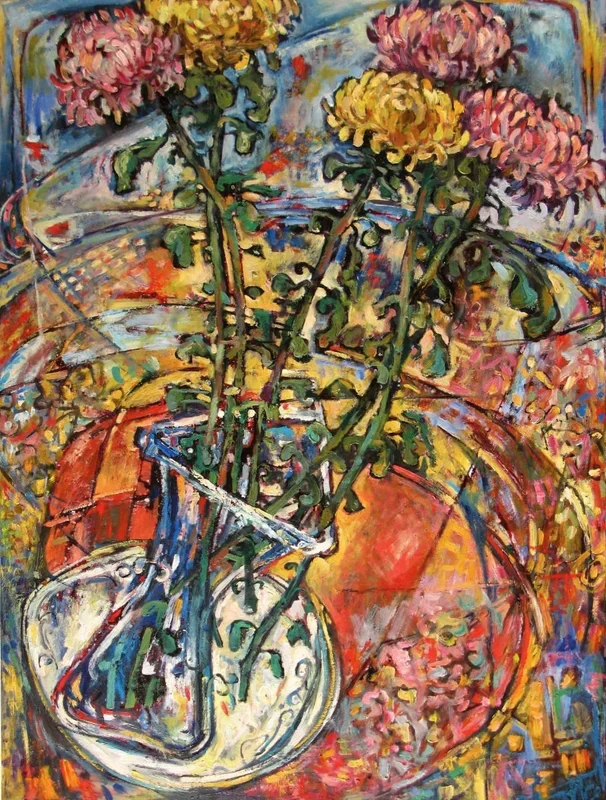 Silver chrysanthemums. (2014) Oil painting by Nikifor Swiristuhin