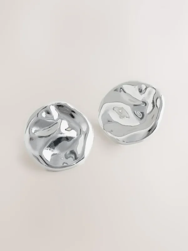 Silver Tone Hammered Disc Stud Earrings