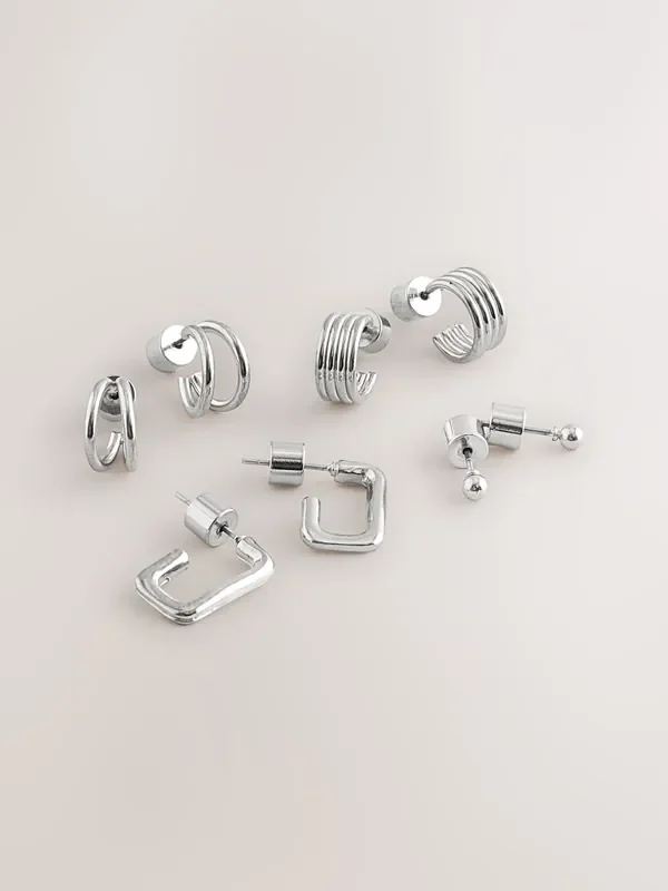Silver Tone Mini Hoop Earrings 4 Pack