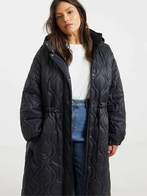 Simply Be Black Double Onion Adjustable Waist Quilted Coat