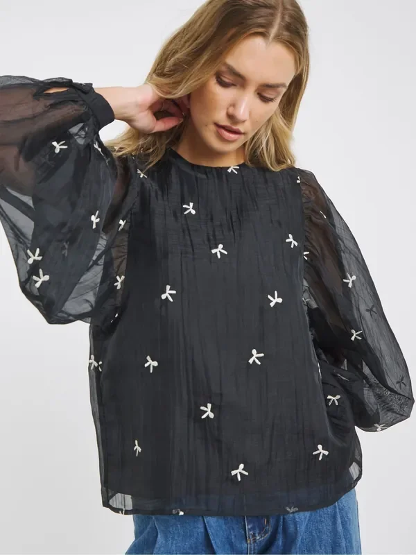 Simply Be Black Organza Emboridered Bow Top
