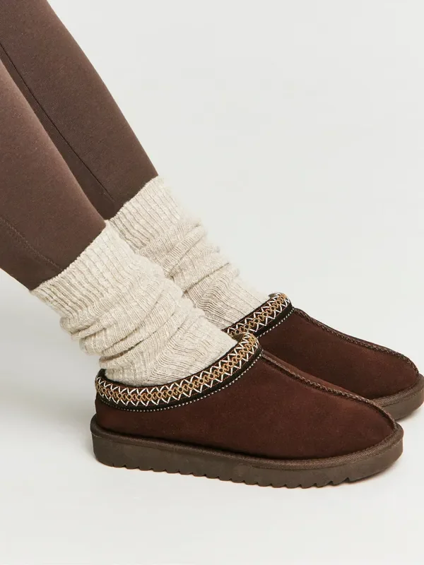 Simply Be Chocolate Brown Embroidery Full Mule Slippers