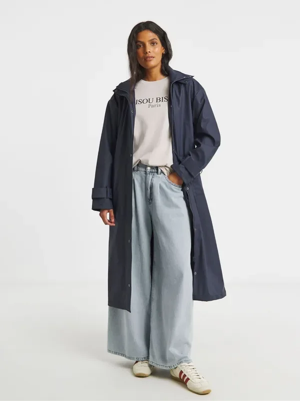 Simply Be Navy Longline Rubberised Raincoat.