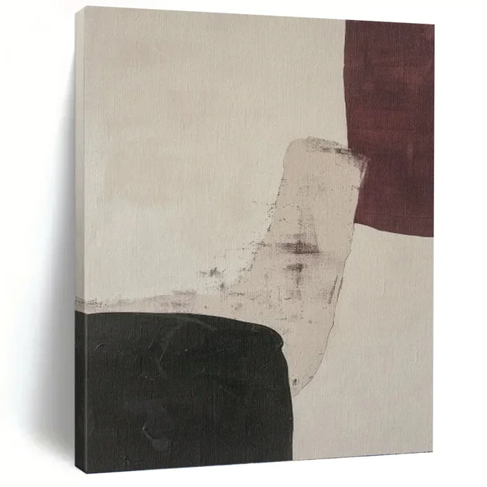 “Subtle Color Block Interaction” – Beige, Black, Maroon Abstract Art on Canvas DKH1152
