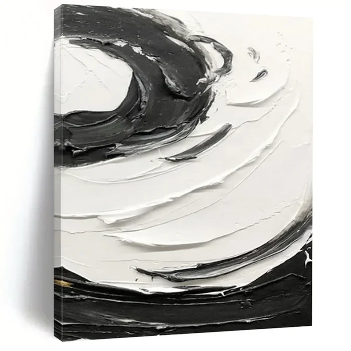 “Swirling Contrast” – Bold black and white impasto, circular motion DTP380