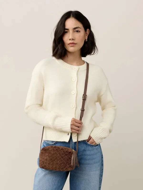 Tan Brown Leather Weave Cross-Body Bag