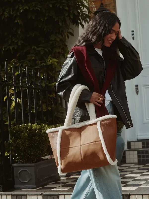 Tan Brown PU Borg Tote Bag