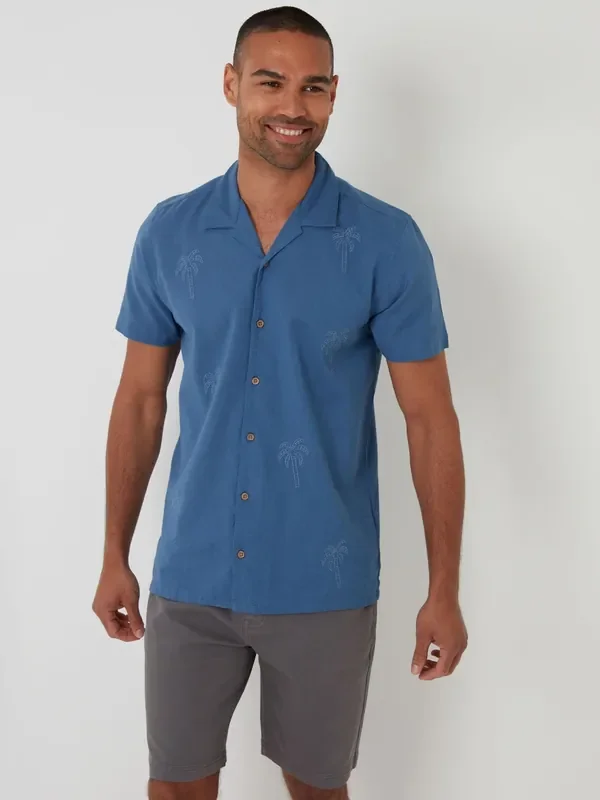 Threadbare Blue Linen Blend Palm Embroidered Short Sleeve Shirt