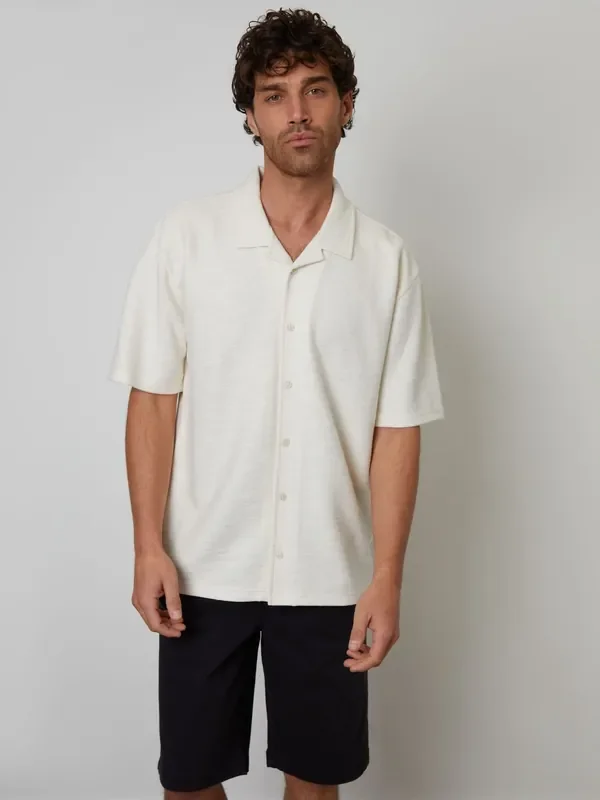 Threadbare Cream Textured Cuban Collar Short Sleeve Shirt