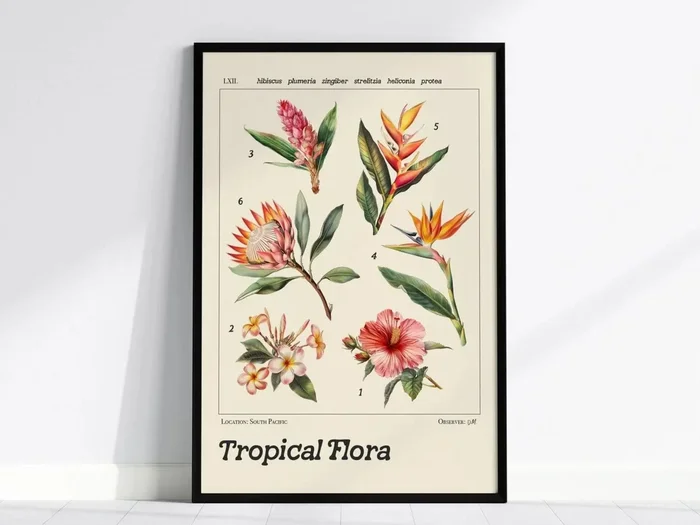 Tropical Flowers Poster | Scientific Botanical Illustration | Hibiscus Plumeria