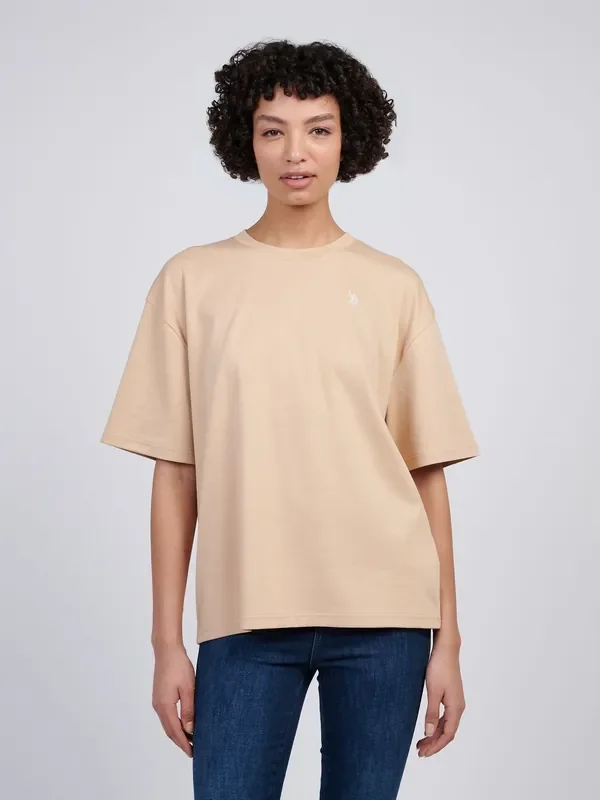 U.S. Polo Assn. Natural Womens 100% Cotton Tonal Double Horsemen Loose Crew Neck T-Shirt