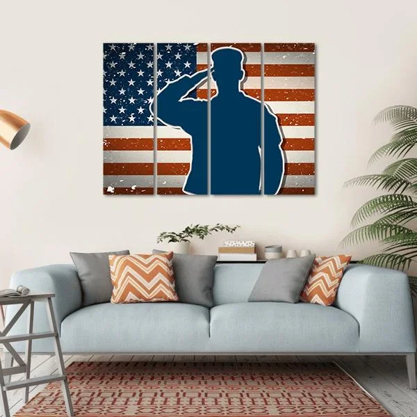 US Army Soldier Saluting On American Flag Canvas Wall Art