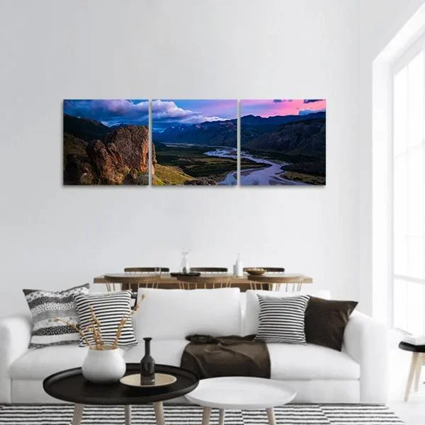 Valley With River And Mountains During Sunrise Panoramic Canvas Wall Art
