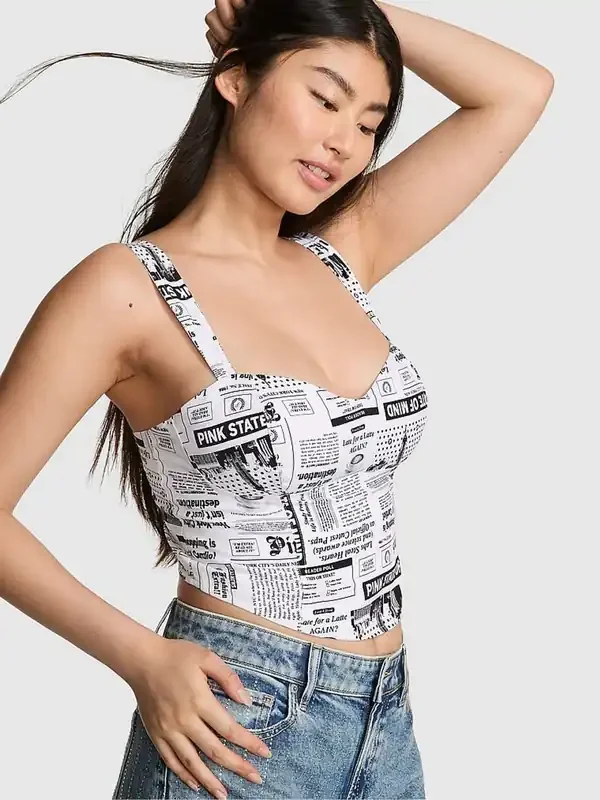 Victoria‘s Secret Pink Black Newspaper Print Cropped Corset Top