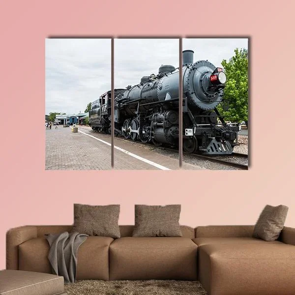 Vintage Steam Locomotive on Brick Platform Canvas Wall Art