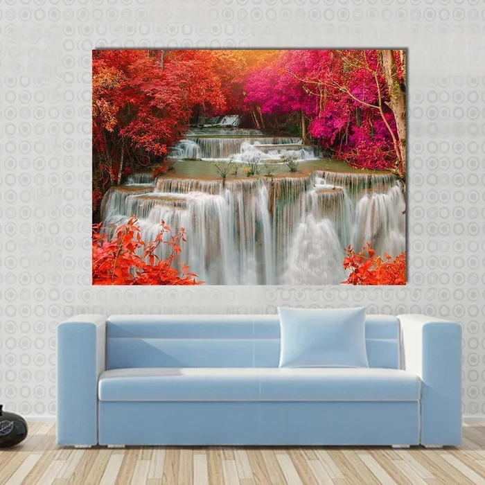 Waterfall Coming From Pink And Red Trees Jungle Canvas Wall Art