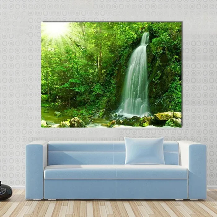 Waterfall Through Green Forest Canvas Wall Art