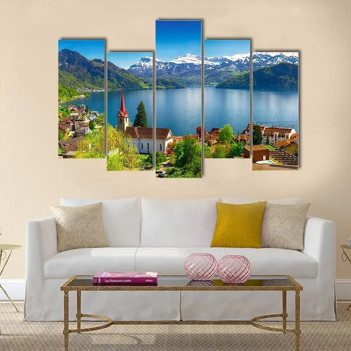 Wegis Village by Lake Lucerne and Pilatus Canvas Wall Art