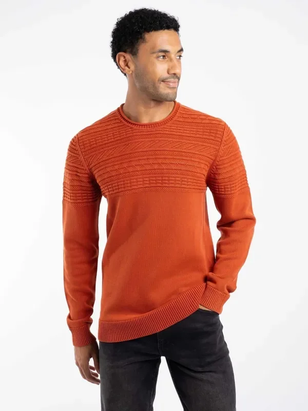 Weird Fish Orange Fahri Mixed Stitch Crew Neck Jumper