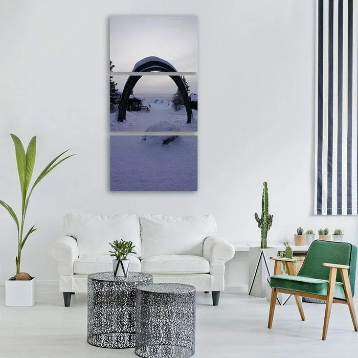 Whalebone Arch Framing Winter Village Vertical Canvas Wall Art